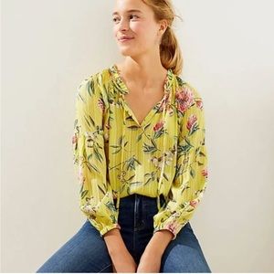 LOFT Floral Pleated Tie Neck Blouse